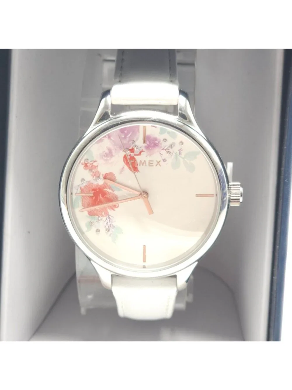 Timex Silver Tone Pink Blossom Leather Band Swarovski Dial Watch TW2R66600 NWT